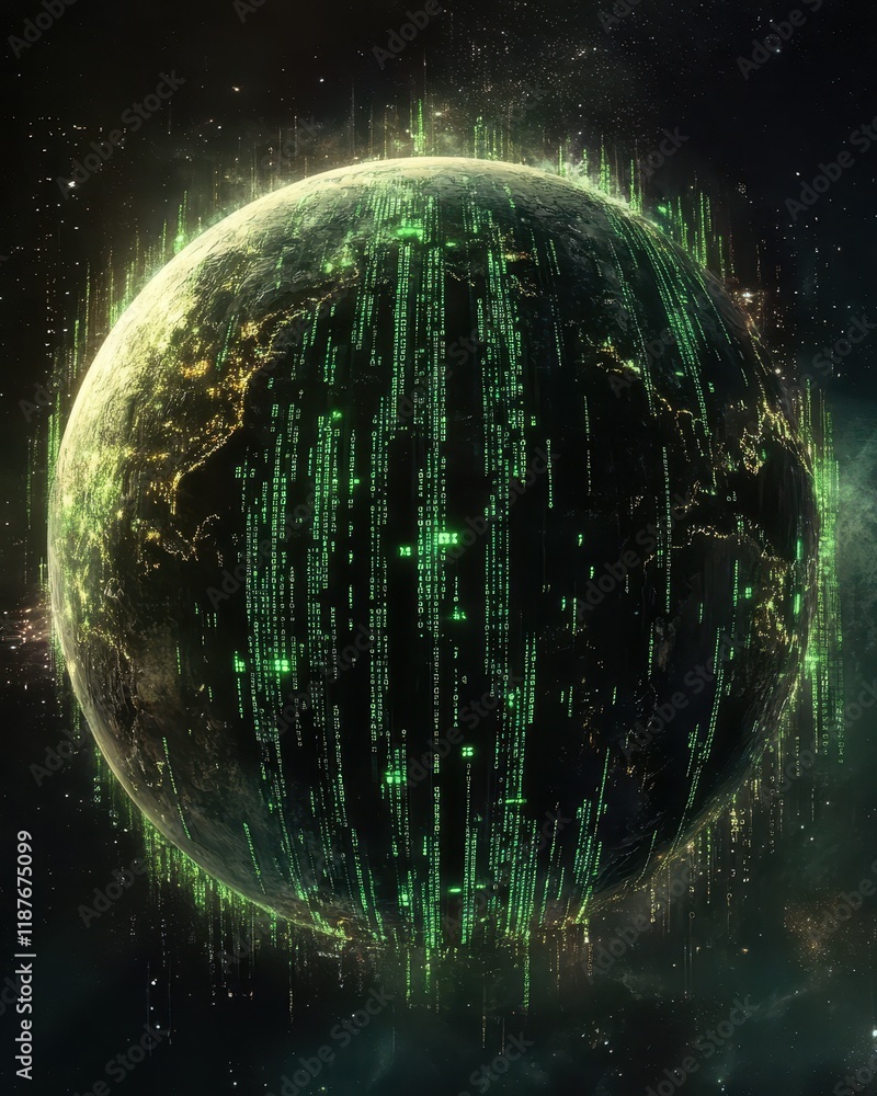 Poster digital planet green code streams across cosmos