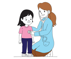 doctor and patient in hospital. Doctor Examining Child Patient Outline Coloring Page for Kids. Doctor examining a child patient with a stethoscope.