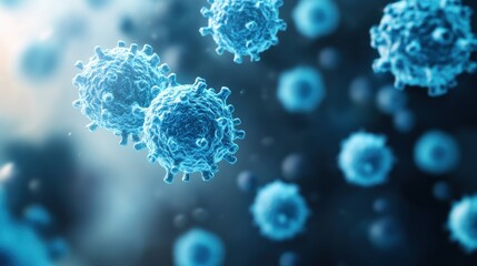 Group of blue spherical viruses under a microscope with detailed structure and texture visible