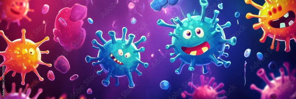 Poster playful cartoon viruses engage in a whimsical battle with friendly antibodies in a colorful microsco