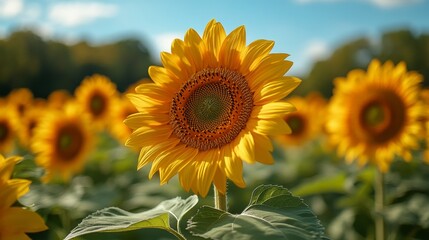 Fototapeta premium Vibrant sunflower in bloom under a clear blue sky in a lush field
