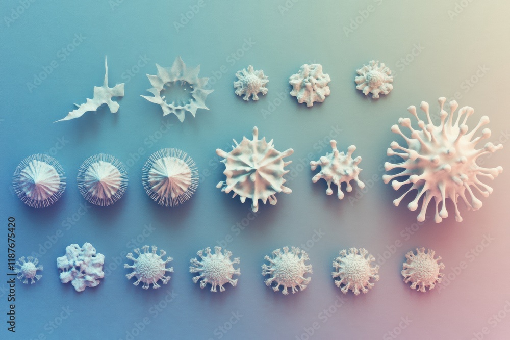 Poster progression of virus forms from basic structures to complex shapes illustrating growth and diversity