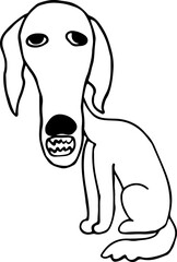 sitting sad mongrel dog opened toothy mouth and looks at camera