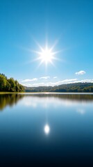 Serene lake reflects brilliantly bright sun peaceful summer landscape. AI Generated