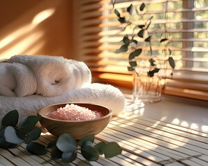 A cozy spa setting with fluffy white towels eucalyptus Cozy spa ambiance with white towels and eucalyptus Tranquil spa setting with fluffy towels and greenery Relaxing spa vibes with eucalyptus 