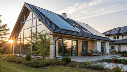 Obraz premium Solar panels on the roof of a beautiful modern home,blue, sunlight, window, bungalow