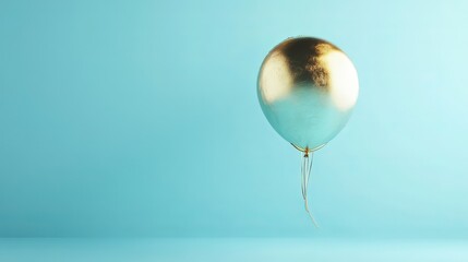 Elegant blue and gold balloon floating on light blue background, festive celebration decor