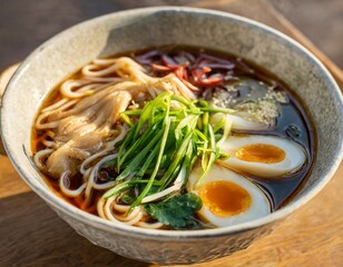 Golden Hours Capture of a Hearty Bowl of Ramen with Floating Scallions
