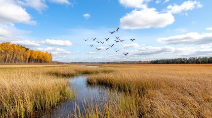 Serene Autumn Landscape with Marsh, Waterway, and Flock of Birds under Blue Sky and Fluffy Clouds