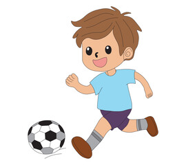 Cartoon Boy Kicking a Soccer Ball Fun Football Scene. Cheerful Boy Playing Soccer Kids' Sports Illustration. Little Soccer Star.