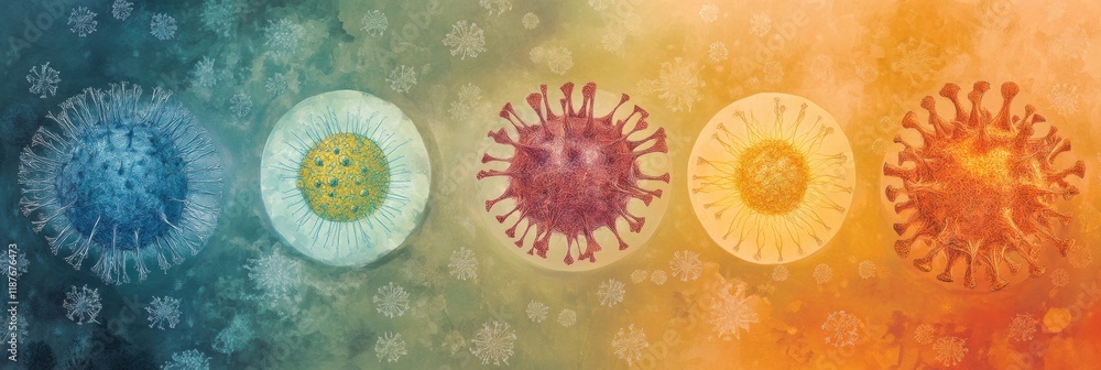 Poster progression of virus forms illustrating increasing complexity and structure in a colorful spectrum. 