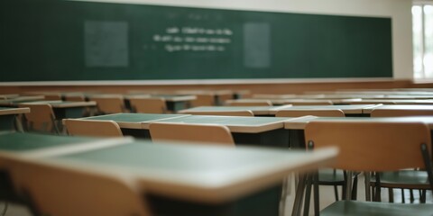 An empty classroom setting showcases neatly arranged desks and chairs, emphasizing a sense of readiness and anticipation for educational activities to commence.