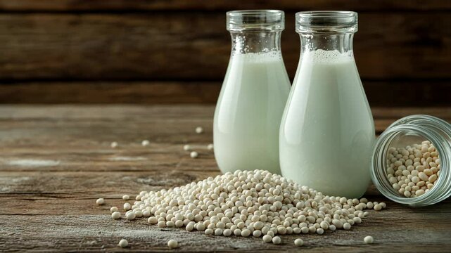 Milk and tapioca pearls arranged on a rustic wooden surface in a cozy kitchen setting