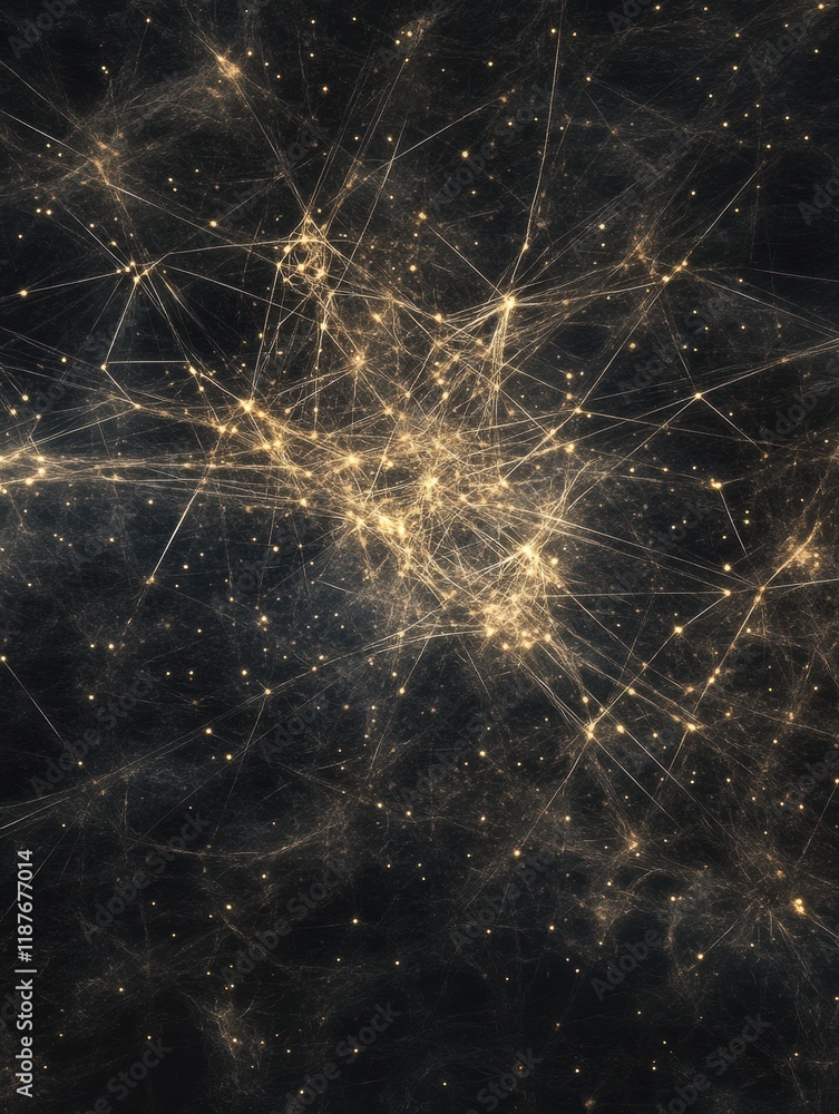 Poster glowing web of lines and dots illustrating a complex global network connecting diverse locations wor