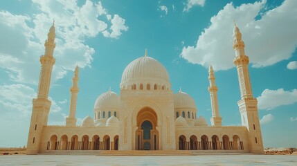 Fototapeta premium Majestic mosque under sunny sky, desert background; religious tourism
