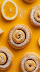Fototapeta premium Sweet Rolls and Orange Slices on Yellow Background