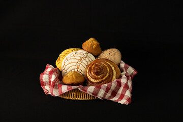 Traditional Mexican bread basket with black background 