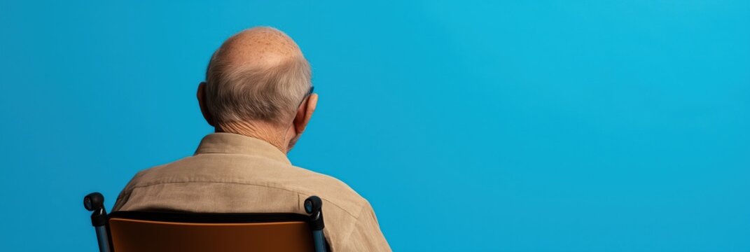 An elderly man sits in front of a blue backdrop, embodying wisdom and reflection, evoking thoughts about life experiences and the passage of time.