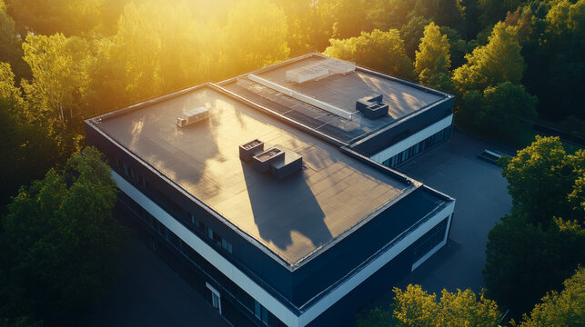 Drone-captured images of commercial buildings with asphalt shingles and TPO membrane roofs on a sunny day

