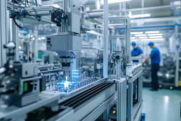 Fototapeta premium Modern Factory Operators Oversee Product Line Using Industry 4.0 SCADA Systems and Advanced Digital Technology