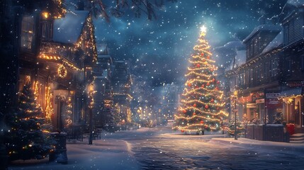 Magical Snowy Village Christmas Eve Warm Glow. AI Generated