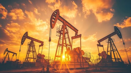Panoramic view of a desert oil field with endless pumpjacks