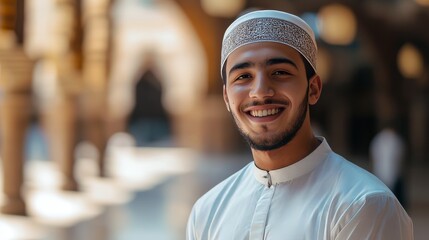 Obraz premium Young caucasian male in traditional attire smiling outdoors in sunlit courtyard