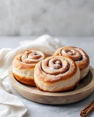 Fototapeta premium Three Cinnamon Rolls on Wooden Plate