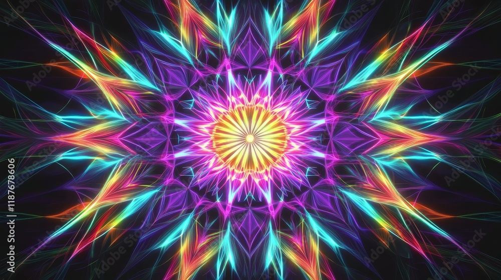 Poster vibrant kaleidoscope pattern with neon colors creating a starburst effect