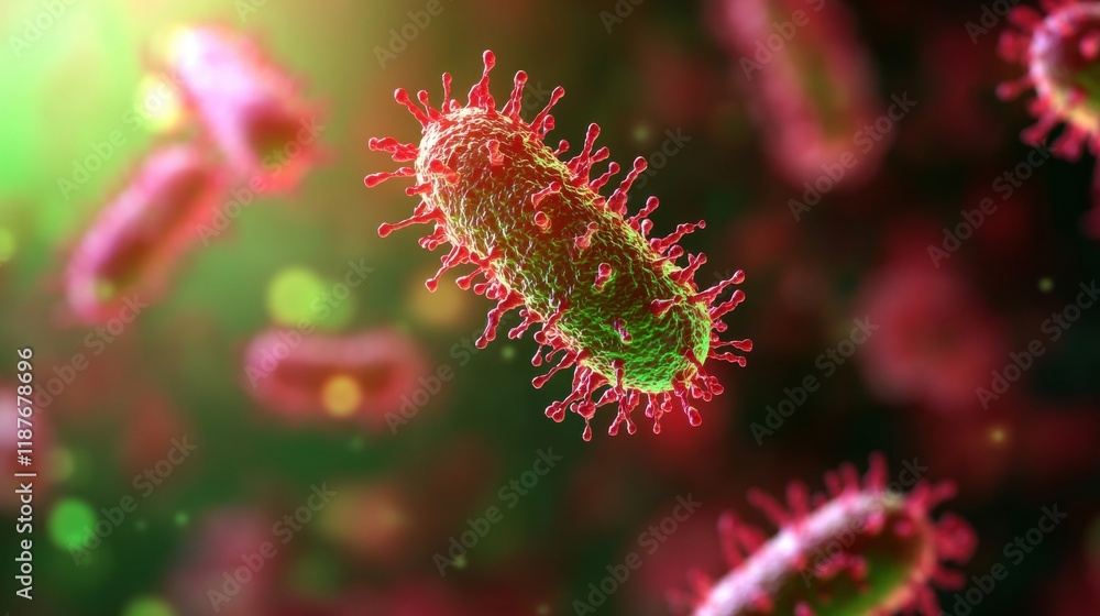 Poster microscopic image of a pathogen showcasing its structure and characteristics under a high magnificat