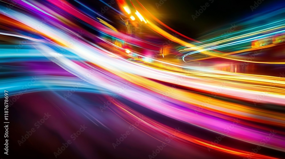 Poster vivid neon light trails creating dynamic abstract patterns at night