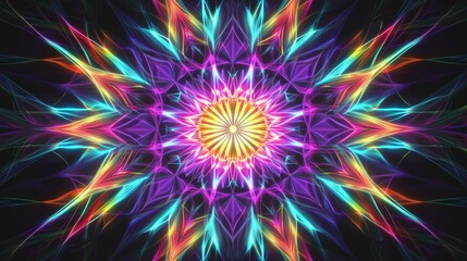 Vibrant kaleidoscope pattern with neon colors creating a starburst effect