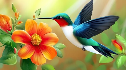 Obraz premium Vibrant hummingbird in flight, feeding on a bright orange flower. Detailed illustration with bokeh effect background.