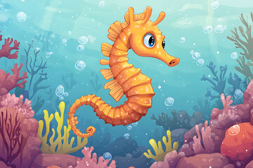A cheerful orange seahorse swimming among colorful coral and bubbles in an underwater scene.