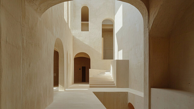modern architectural interior featuring smooth stucco walls in soft off white tones, with arches and natural light creating serene atmosphere