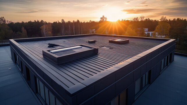 Drone-captured images of commercial buildings with asphalt shingles and TPO membrane roofs on a sunny day
