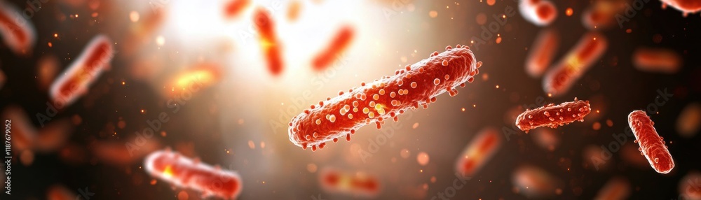 Poster a close-up view of vibrant, elongated bacteria, illuminated by soft light, showcasing their cellular