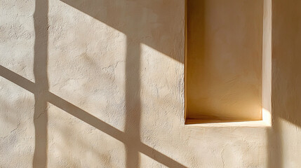 soft beige stucco wall with warm diffused light casting shadows, creating serene atmosphere. interplay of light and texture adds depth to space