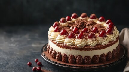 Delicious Black Forest cake, adorned with cherries and whipped cream. Perfect for menus, blogs, or celebrating special occasions.