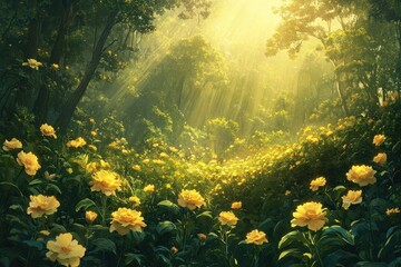 Obraz premium Sunlit forest clearing with yellow flowers. Ideal for illustrating peace, tranquility, or nature themes.