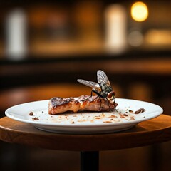 A dish of fast food, left unattended on a restaurant table, with flies hovering above it.