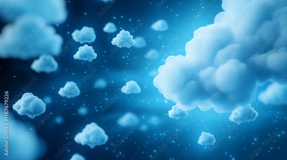 Poster dreamlike sky with multiple fluffy clouds and starry background