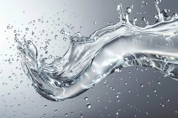 Dynamic splash of water droplets in mid-air against a silver background