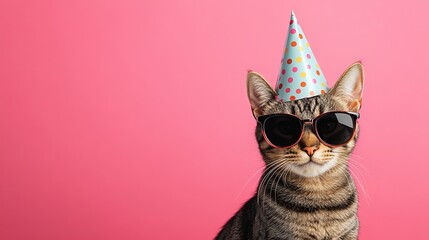 Playful cat wearing party hat and sunglasses, happy anniversary celebration scene in panoramic layout