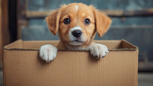 Adorable puppy with brown and white fur sitting in a cardboard box