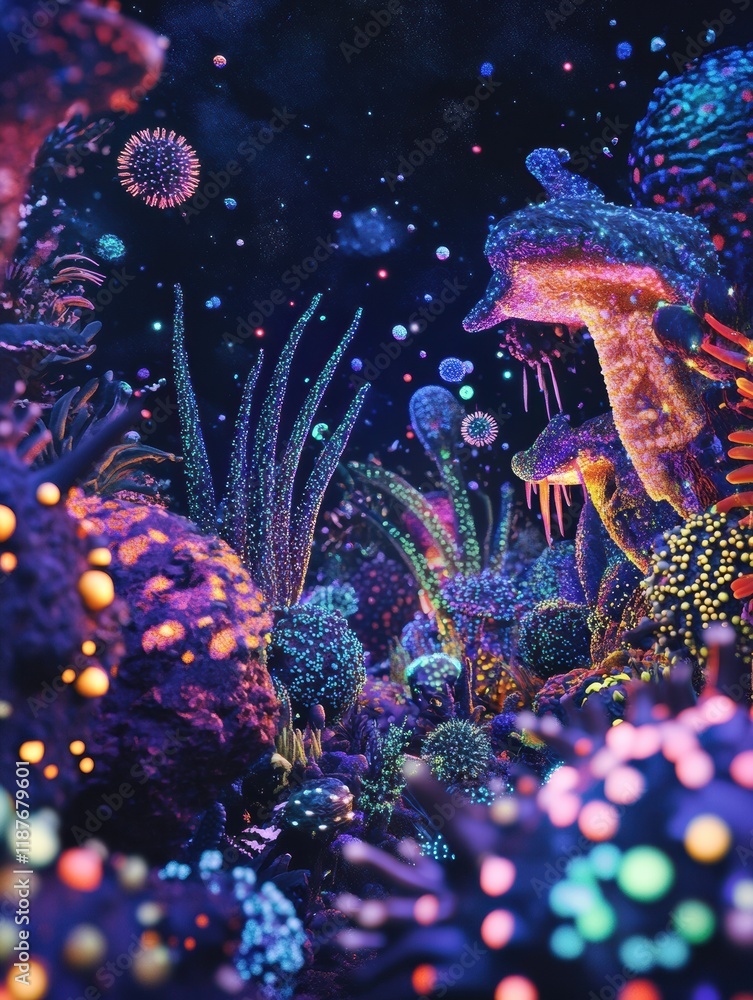 Aufkleber vibrant microscopic landscape filled with glowing viruses reflecting a colorful biosphere. generativ