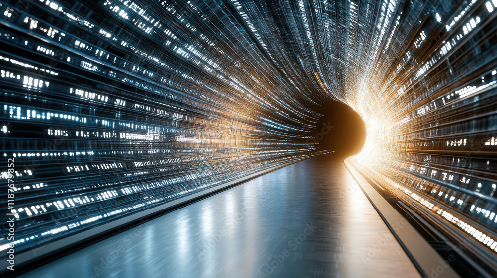 Poster dynamic 3d tunnel with glowing lights representing tech innovation