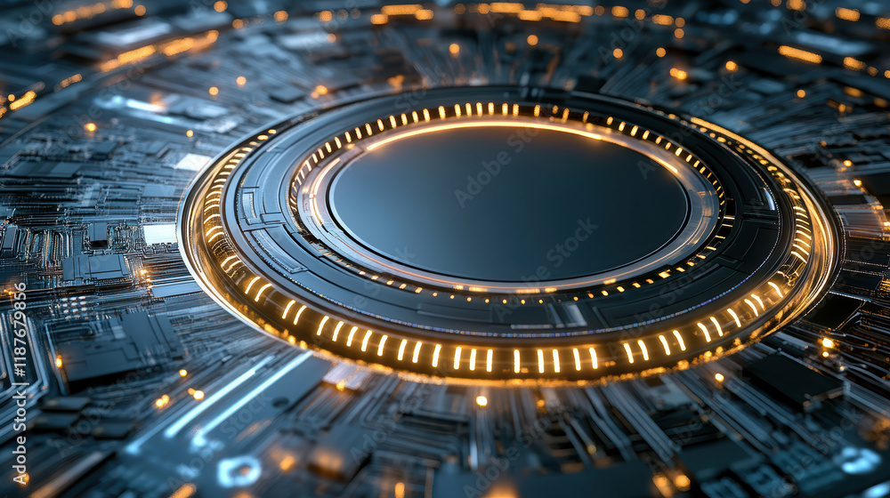 Poster futuristic tech design with glowing circuits and central focus point