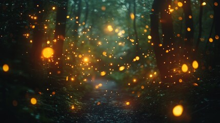 Obraz premium Enchanting fireflies illuminate a mystical forest pathway at dusk