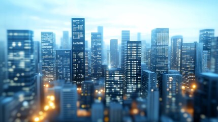 Illuminated urban skyline at dusk in modern city with skyscrapers